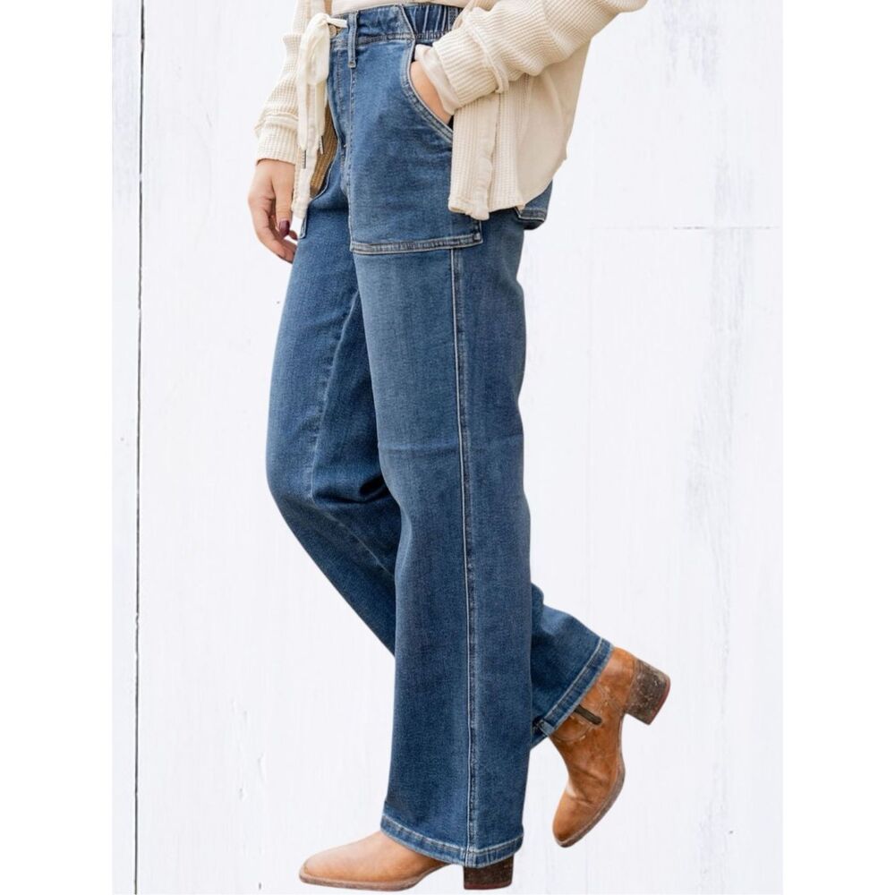 Judy Blue Drawstring Wide Leg Jeans High Rise Medium Wash Relaxed Fit NWT - Picture 5 of 16